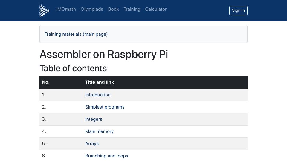 Screenshot of imomath.com: Assembler on Raspberry Pi