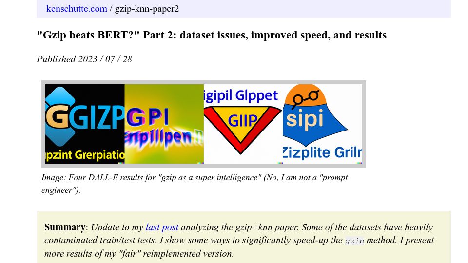 Screenshot of kenschutte.com: Gzip beats BERT? Part 2: dataset issues, improved speed, and results
