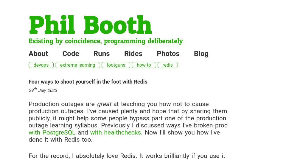 Screenshot of philbooth.me: Ways to shoot yourself in the foot with Redis