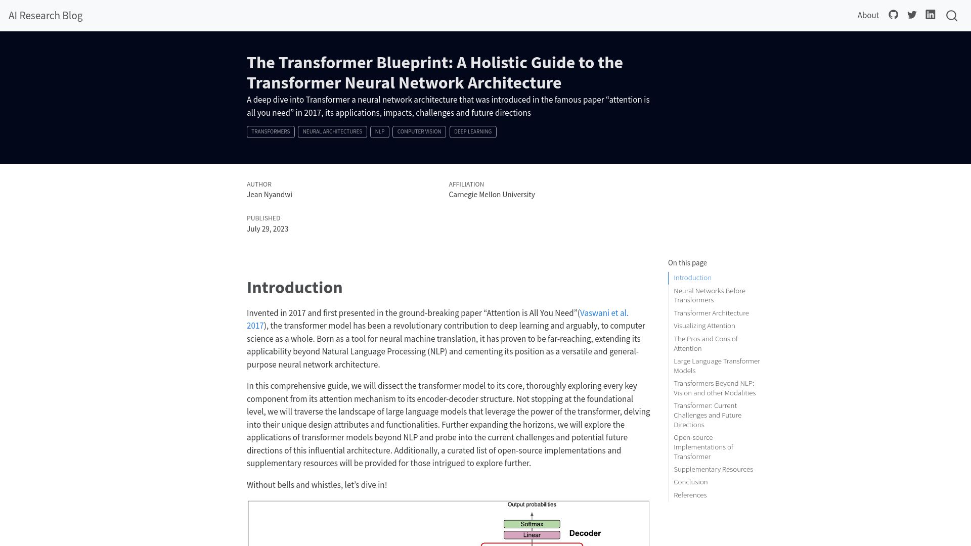 Screenshot of deeprevision.github.io: The Transformer Blueprint