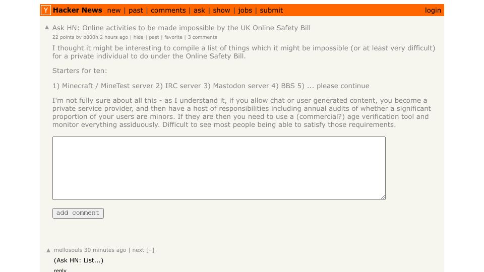 Screenshot of Hacker News post: Ask HN: Online activities to be made impossible by the UK Online Safety Bill