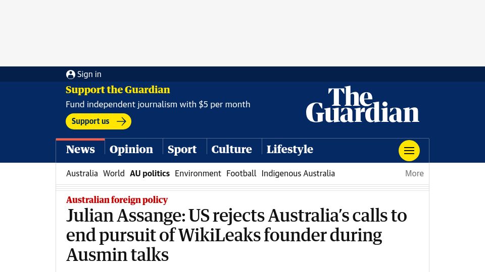 Screenshot of theguardian.com: US rejects Australia’s calls to end pursuit of WikiLeaks