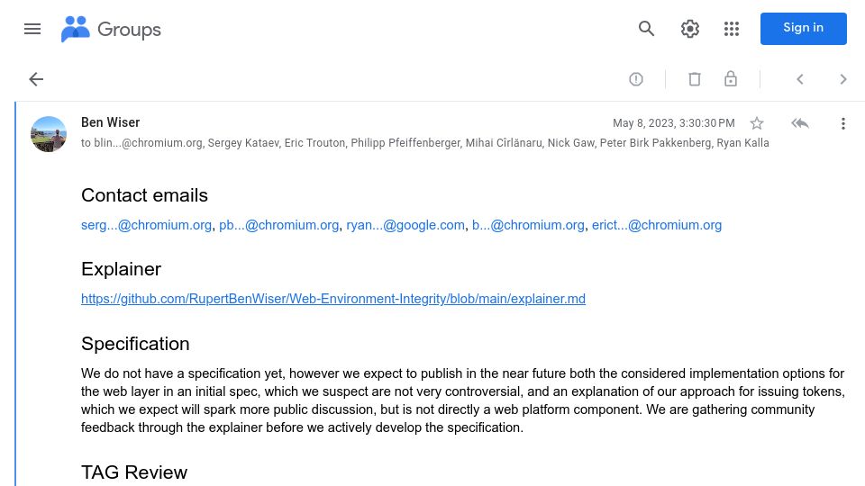Screenshot of groups.google.com: Chromium Community Leader Calls WEI Critics “Bullies and Criminals”