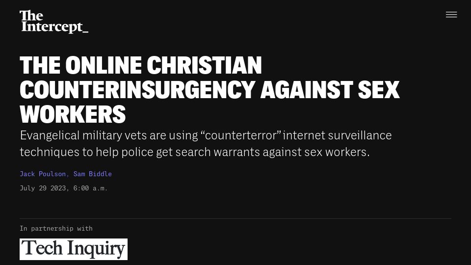 Screenshot of theintercept.com: Counterterrorism internet surveillance is being retargeted at sex workers