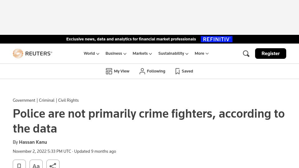 Screenshot of reuters.com: Police are not primarily crime fighters, according to the data