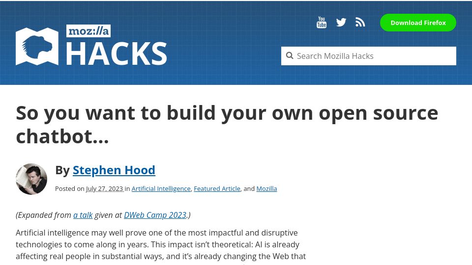 Screenshot of hacks.mozilla.org: So you want to build your own open source chatbot