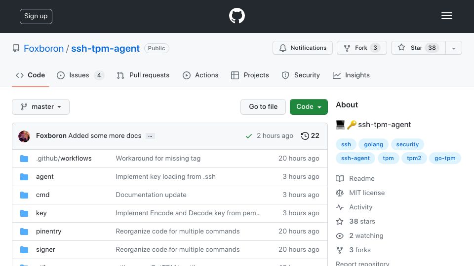 Screenshot of github.com: Show HN: ssh-tpm-agent – SSH agent for TPMs
