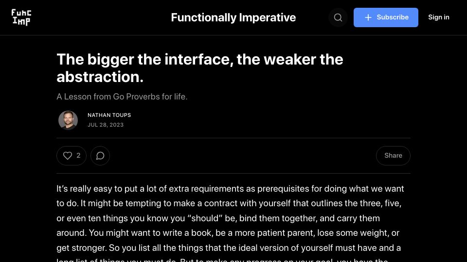 Screenshot of functionallyimperative.com: The bigger the interface, the weaker the abstraction