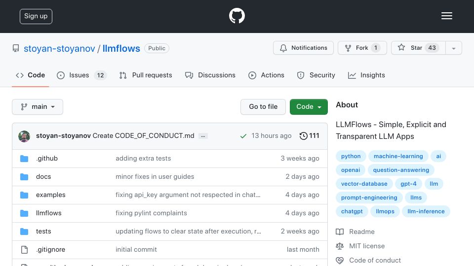Screenshot of github.com: Show HN: LLMFlows – LangChain alternative for explicit and transparent apps