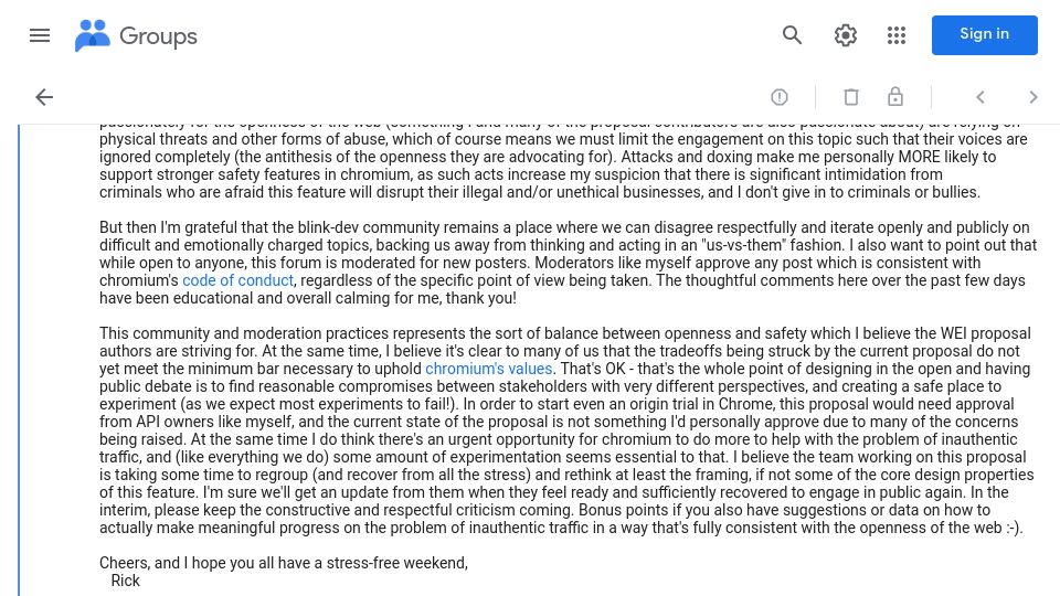 Screenshot of groups.google.com: Google Employee Accuses WEI-Opponents of Being “Criminals”