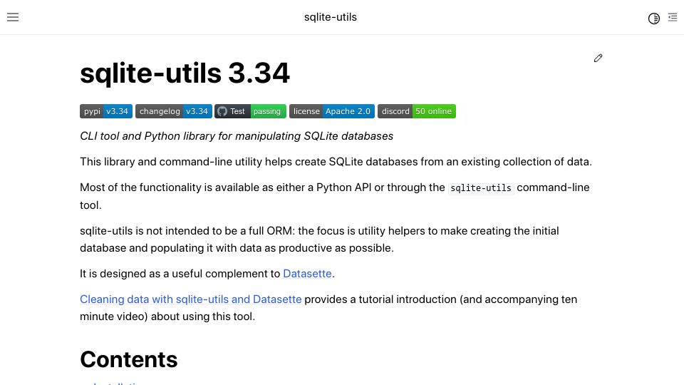 Screenshot of sqlite-utils.datasette.io: SQLite-Utils