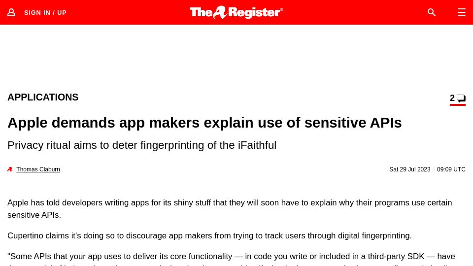 Screenshot of theregister.com: Apple demands app makers explain use of sensitive APIs