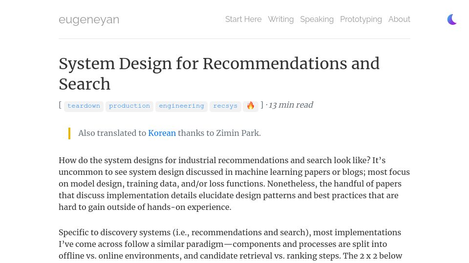 Screenshot of eugeneyan.com: System Design for Recommendations and Search