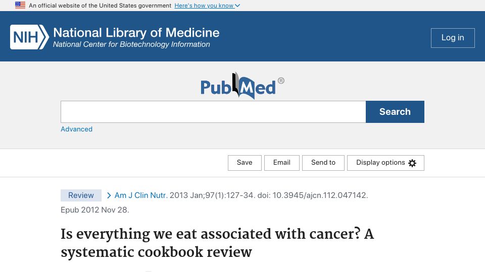Screenshot of pubmed.ncbi.nlm.nih.gov: Is everything we eat associated with cancer? A systematic cookbook review (2013)