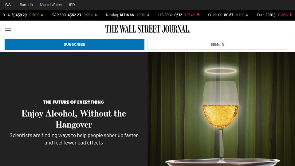 Screenshot of wsj.com: Alcohol without the hangover – scientists are finding ways