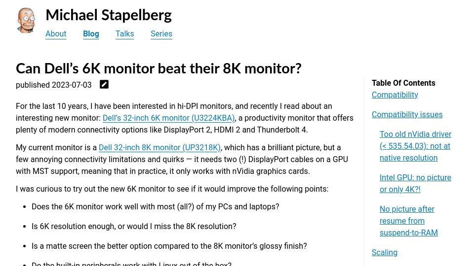 Screenshot of michael.stapelberg.ch: Can Dell’s 6K monitor beat their 8K monitor?