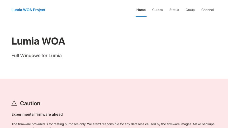 Screenshot of woa-project.github.io: Lumia WOA Project – Windows 10 or Windows 11 Desktop OS for Lumia 950/XL