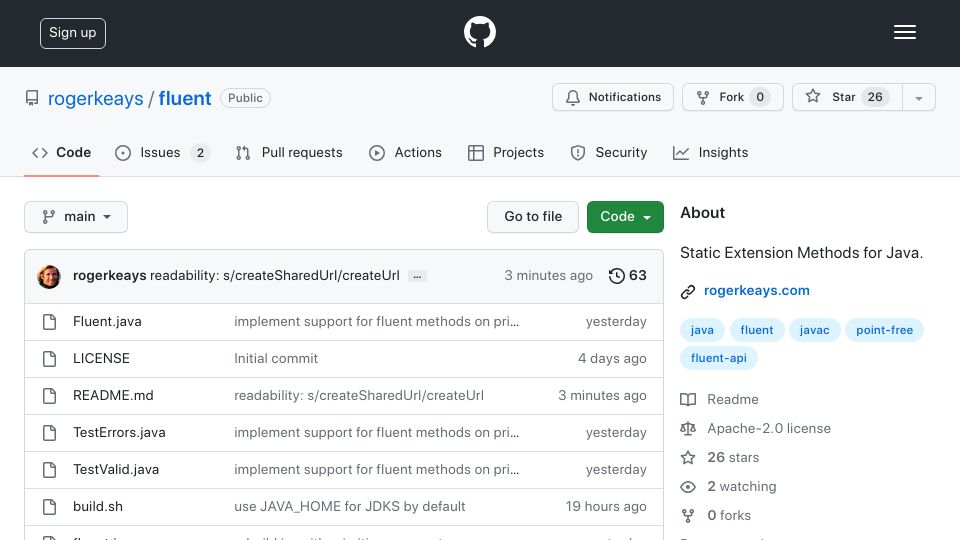 Screenshot of github.com: Fluent: Static Extension Methods for Java