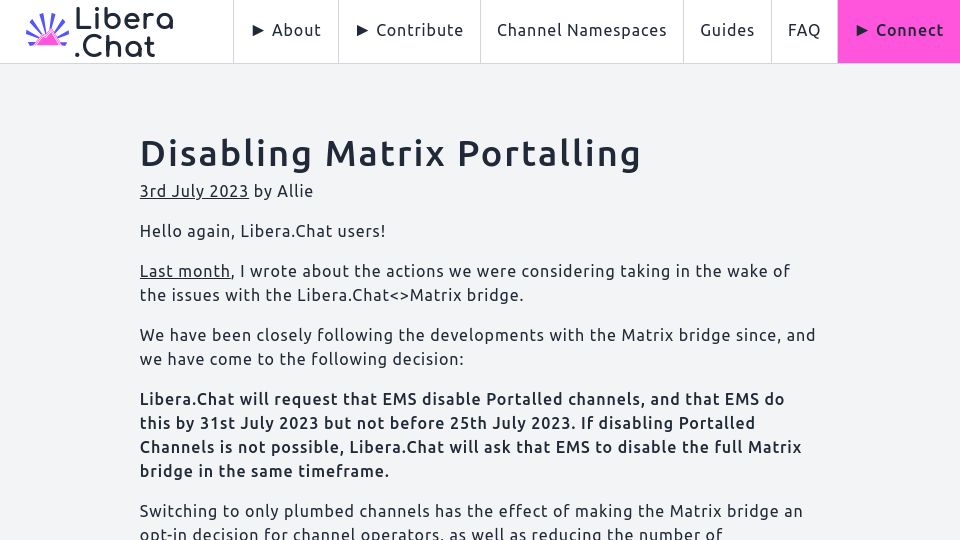 Screenshot of libera.chat: Disabling Matrix Portalling