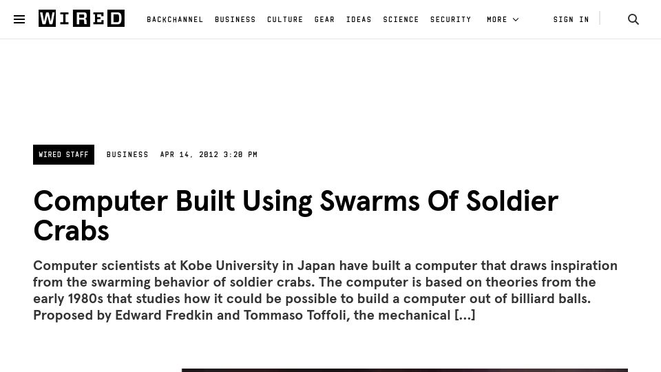 Screenshot of wired.com: Computer built using swarms of soldier crabs (2012)