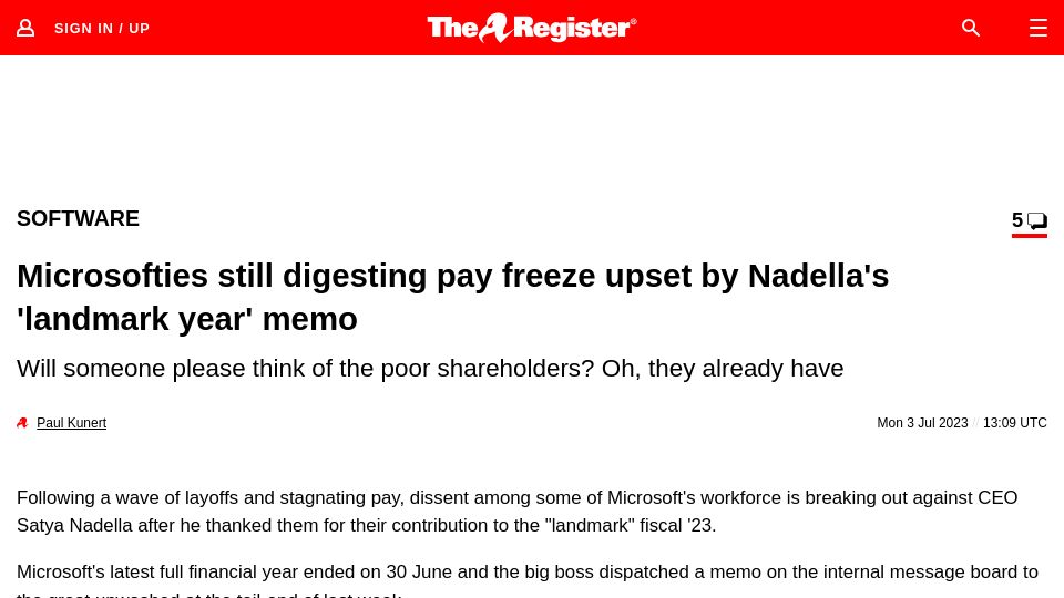 Screenshot of theregister.com: Pay-frozen Microsofties not happy to hear of 'landmark year'