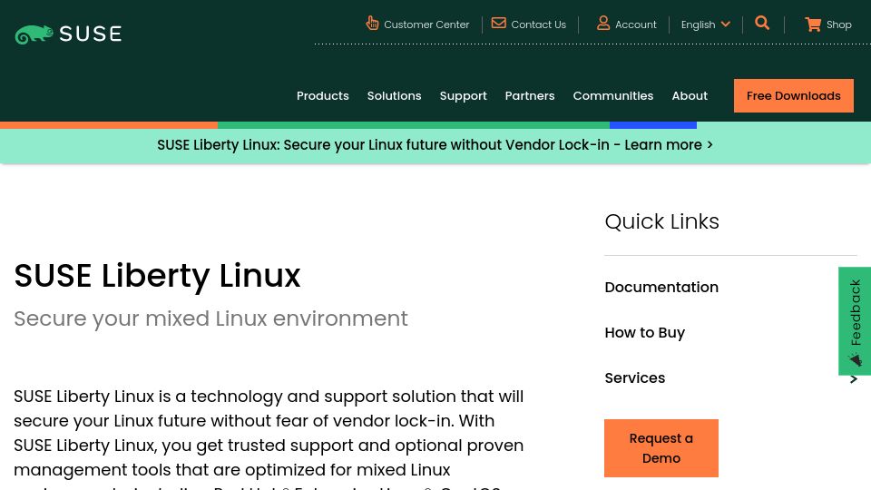 Screenshot of suse.com: SUSE Liberty Linux:  secure your Linux future without fear of vendor lock-in.