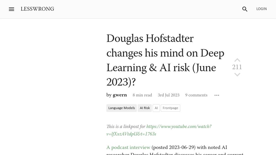 Screenshot of lesswrong.com: Douglas Hofstadter changes his mind on Deep Learning and AI risk