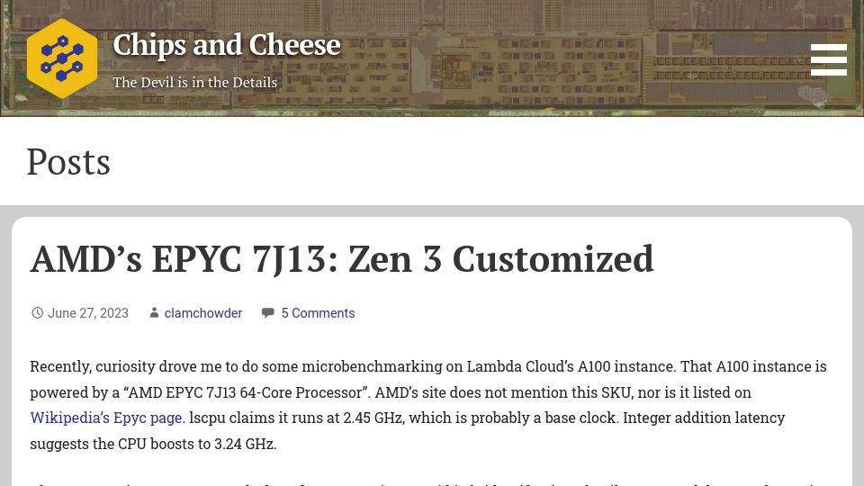 Screenshot of chipsandcheese.com: AMD’s EPYC 7J13: Zen 3 Customized
