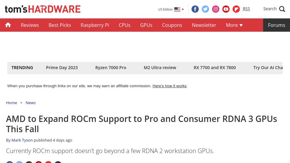 Screenshot of tomshardware.com: AMD to Expand ROCm Support to Consumer RDNA 3 GPUs This Fall