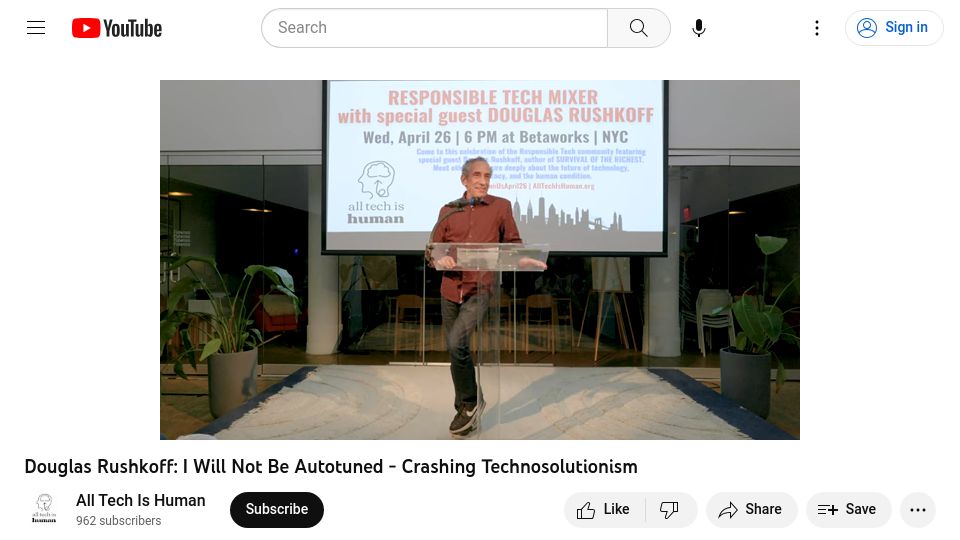 Screenshot of youtube.com: Douglas Rushkoff: Crashing Technosolutionism [video]