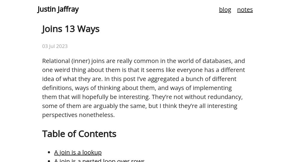 Screenshot of justinjaffray.com: Joins 13 Ways