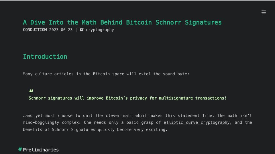 Screenshot of conduition.io: A Dive into the Math Behind Bitcoin Schnorr Signatures
