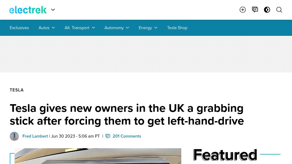 Screenshot of electrek.co: Tesla gives UK owners grabbing stick after forcing them to get left-hand-drive