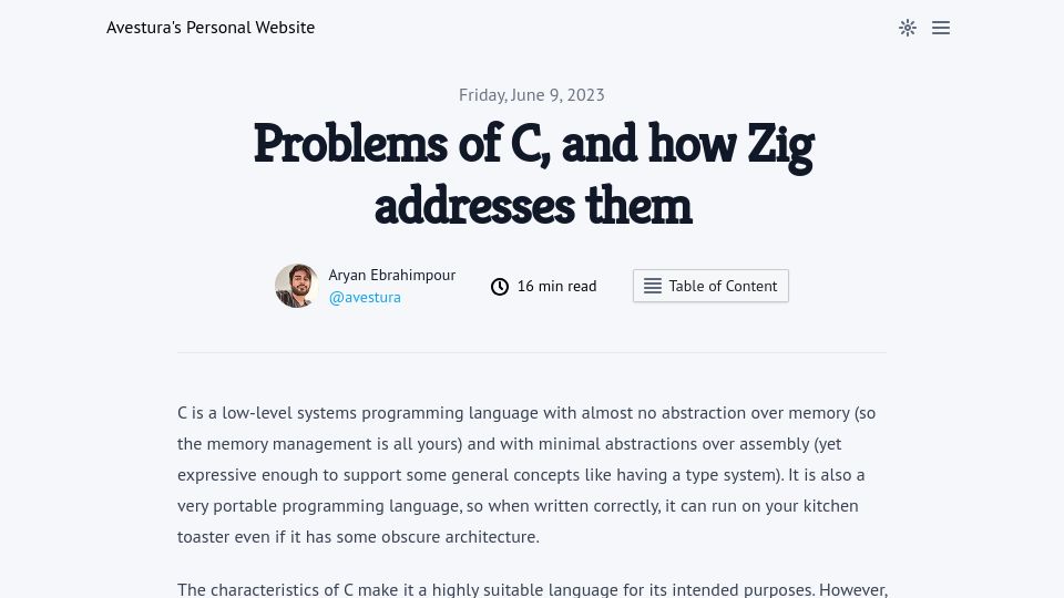 Screenshot of avestura.dev: Problems of C, and how Zig addresses them