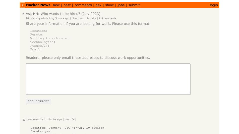 Screenshot of Hacker News post: Ask HN: Who wants to be hired? (July 2023)