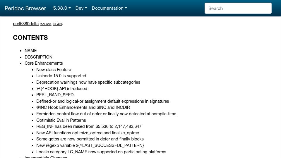Screenshot of perldoc.perl.org: Perl 5.38