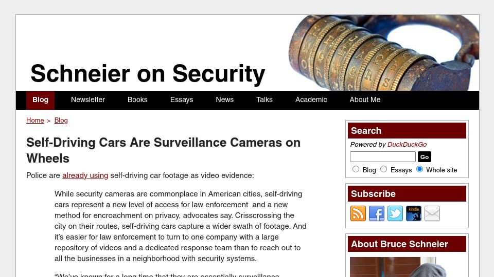 Screenshot of schneier.com: Self-driving cars are surveillance cameras on wheels