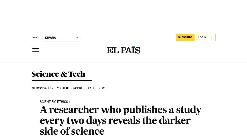 Screenshot of english.elpais.com: A researcher who publishes a study every two days