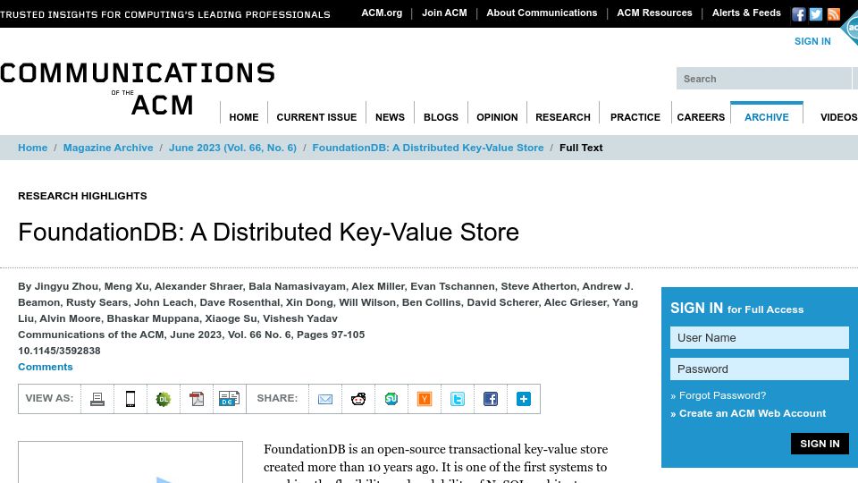 Screenshot of cacm.acm.org: FoundationDB: A Distributed Key-Value Store