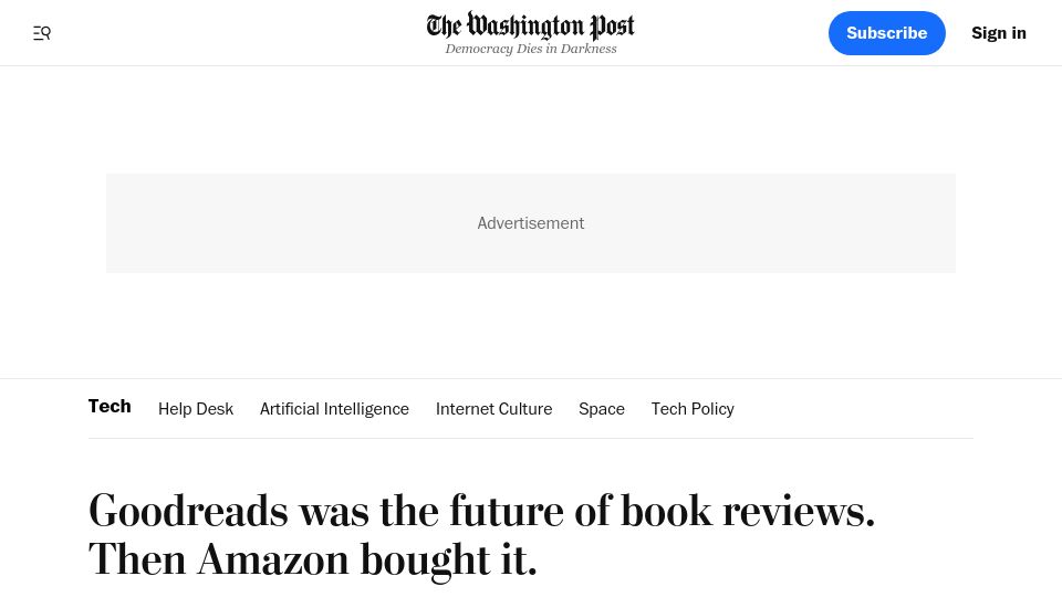 Screenshot of washingtonpost.com: Goodreads was the future of book reviews, then Amazon bought it