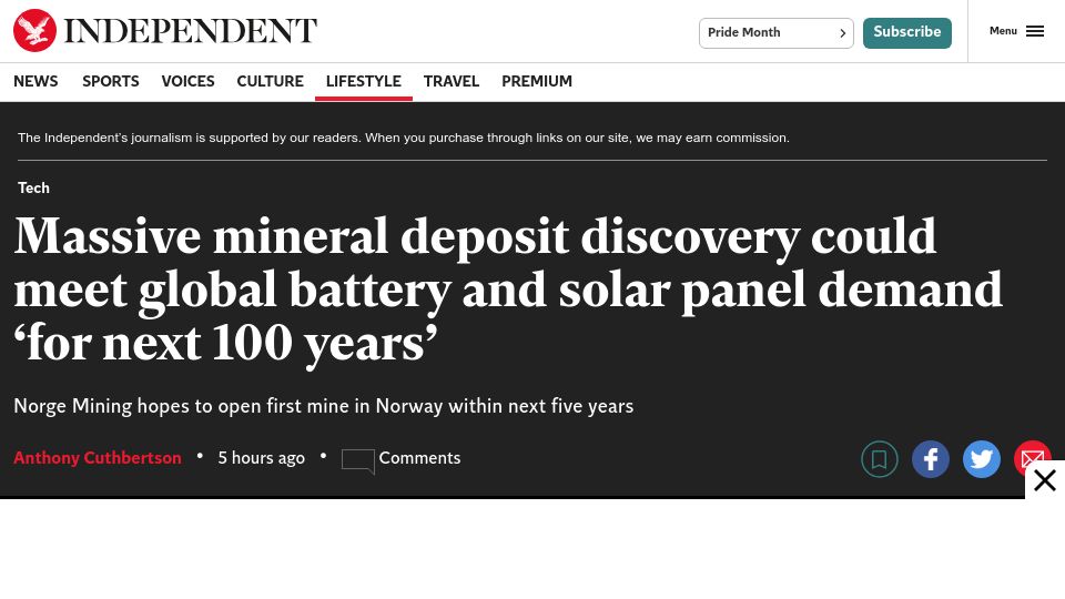 Screenshot of independent.co.uk: Huge phosphate rock deposit discovered in Norway