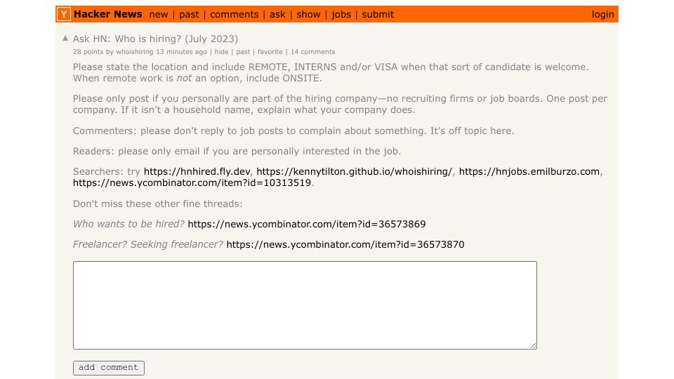 Screenshot of Hacker News post: Ask HN: Who is hiring? (July 2023)