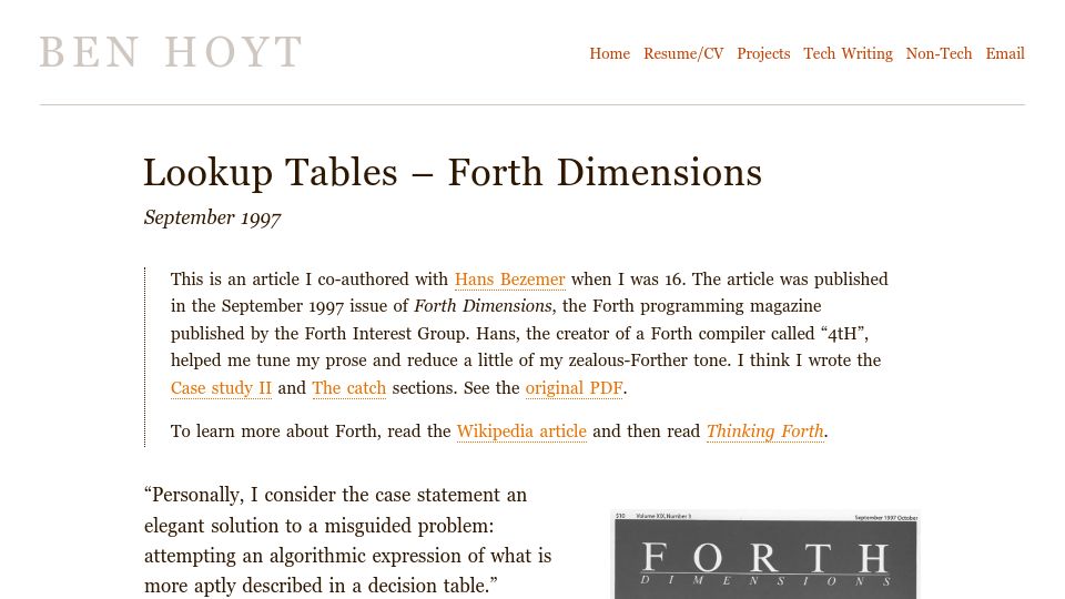 Screenshot of benhoyt.com: Lookup Tables – Forth Dimensions (1997)