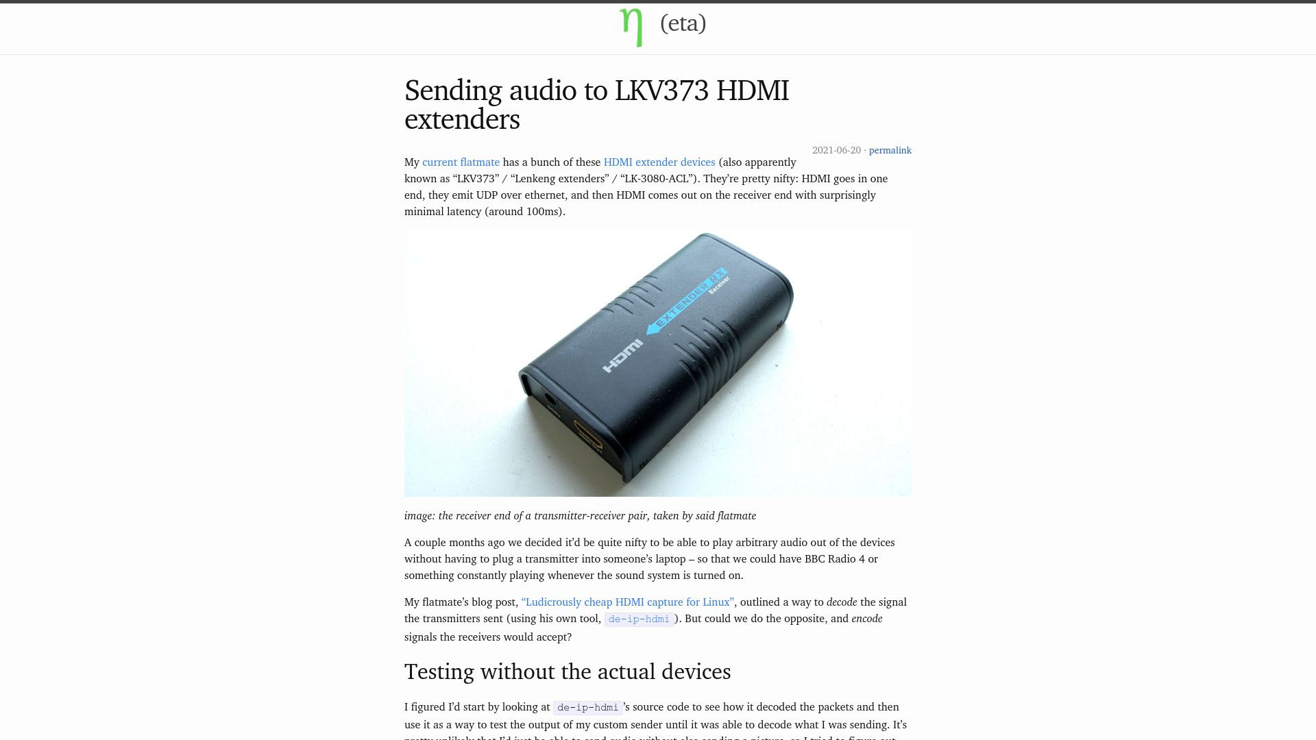 Screenshot of eta.st: Sending audio to LKV373 HDMI extenders (2021)