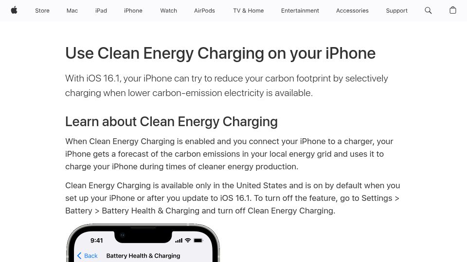 Screenshot of support.apple.com: Use Clean Energy Charging on Your iPhone