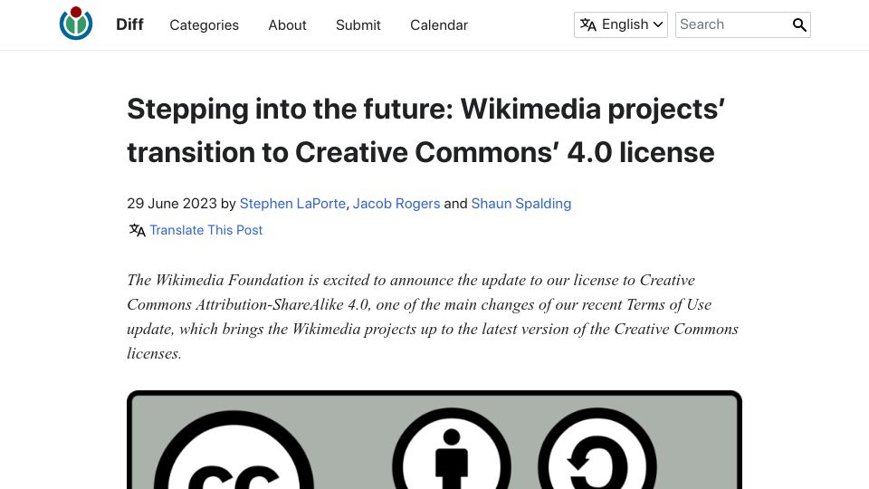 Screenshot of diff.wikimedia.org: Wikipedia switches to CC BY-SA 4.0 license