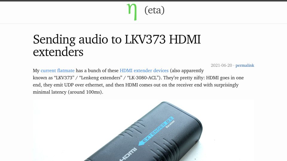 Screenshot of eta.st: Sending audio to LKV373 HDMI extenders (2021)