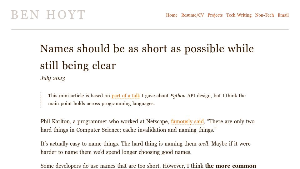 Screenshot of benhoyt.com: Names should be as short as possible while still being clear
