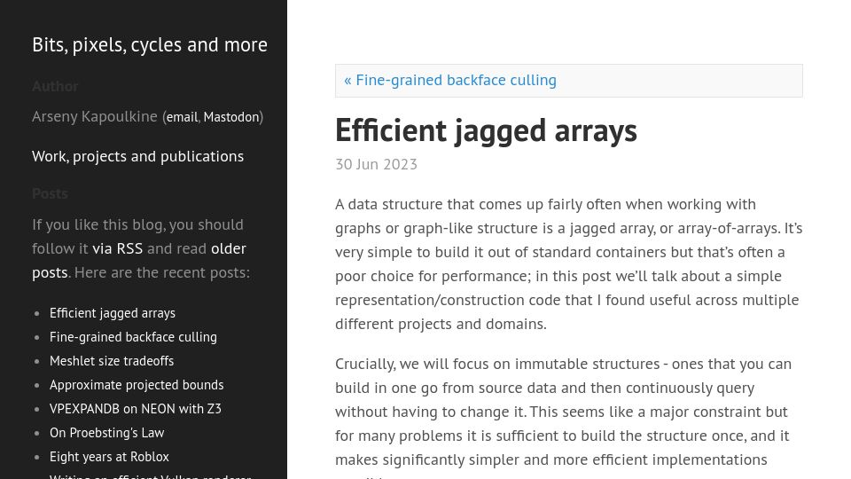 Screenshot of zeux.io: Efficient Jagged Arrays