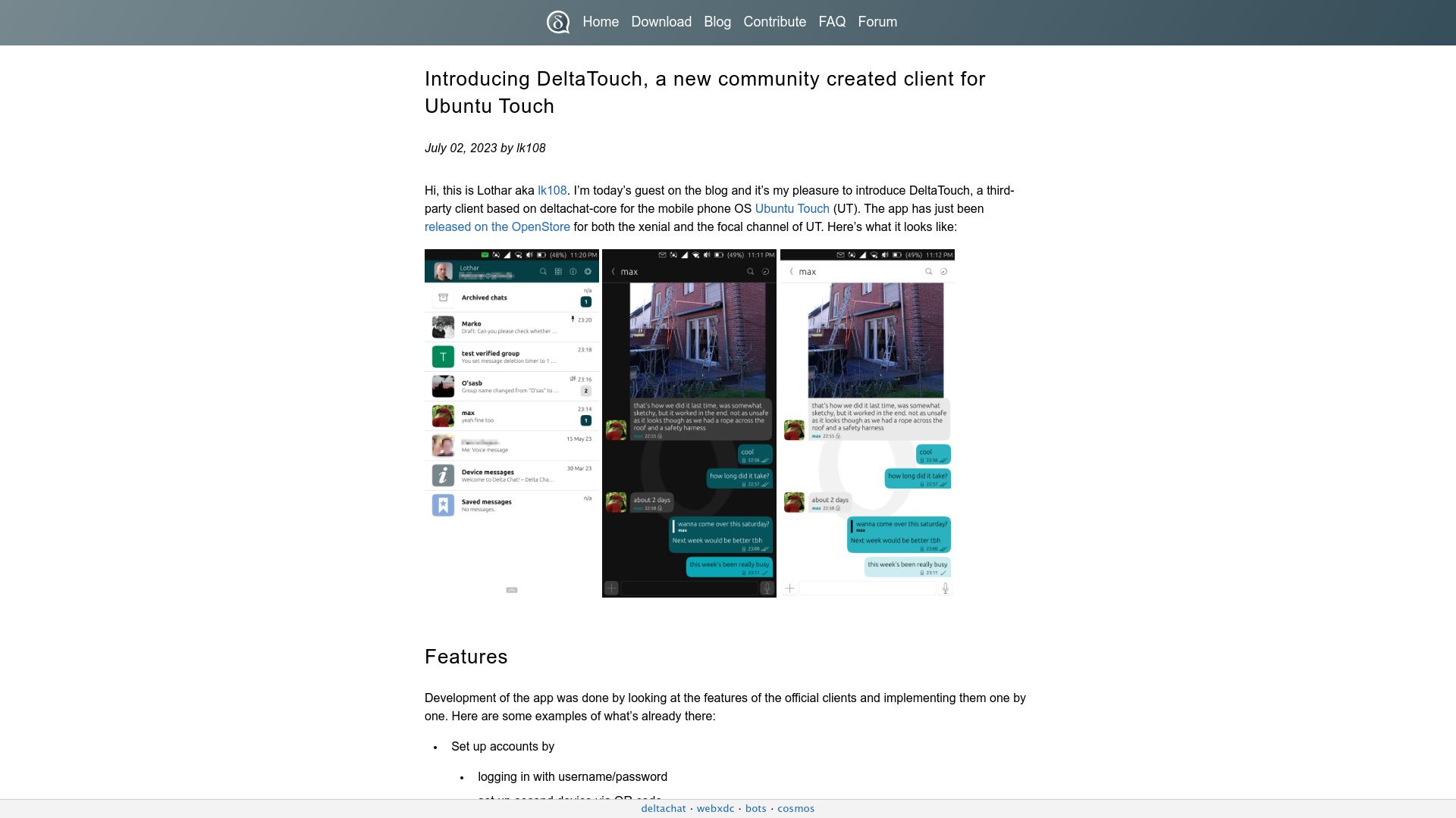 Screenshot of delta.chat: DeltaTouch, a community created client for Ubuntu Touch
